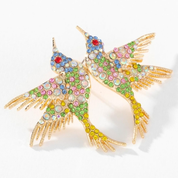 Multicolor Bird Rhinestone Earrings Gold Hummingbird CZ Pave Crystal Birds Posts - Picture 7 of 13